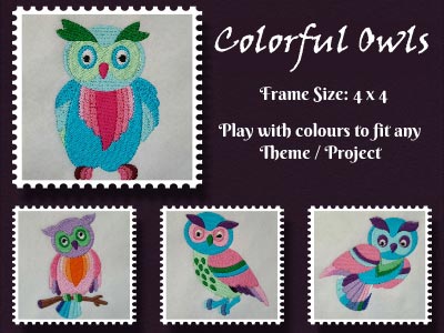 Colorful Owls Embroidery Machine Design