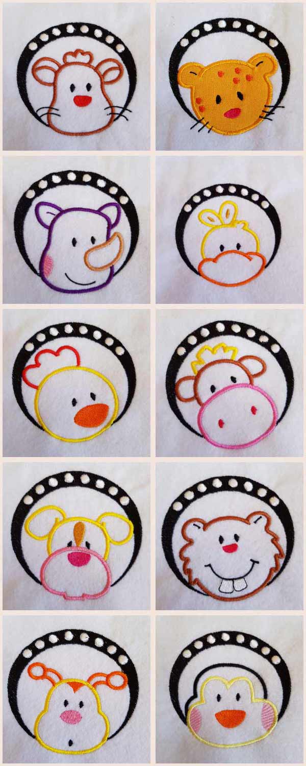 Applique Animal Faces Circles Embroidery Machine Design Details