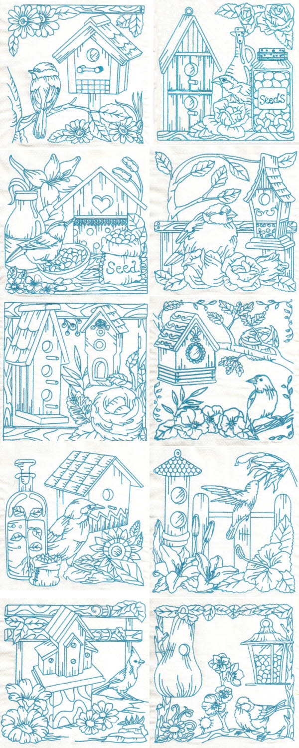 Bluework Birds and Birdhouses Embroidery Machine Design Details