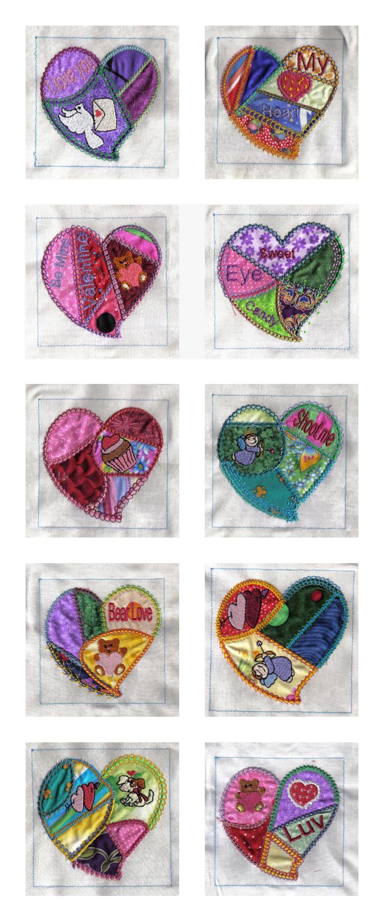 Crazy Quilt Applique Hearts Embroidery Machine Design Details