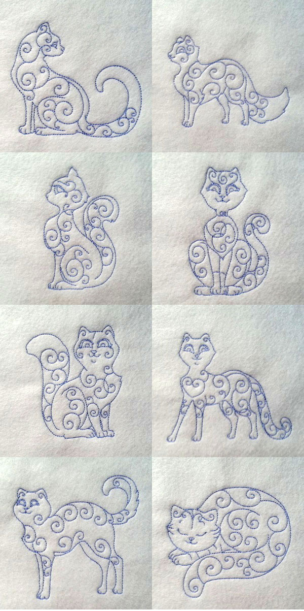 Curly Kitten Line Art Embroidery Machine Design Details