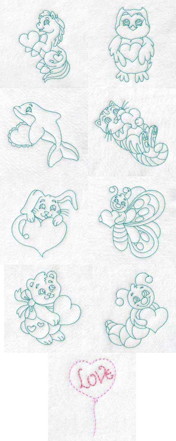 Cute Baby Animals With Hearts Embroidery Machine Design Details
