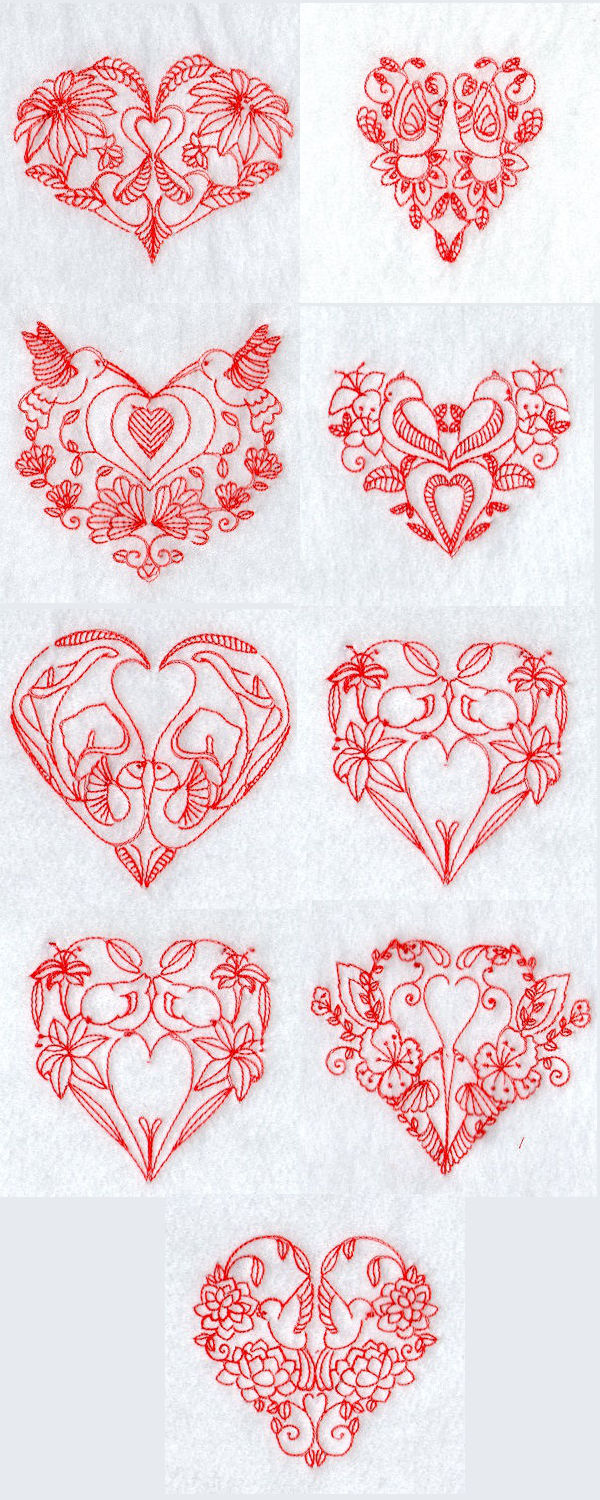 Deco Valentine Birds Redwork Embroidery Machine Design Details