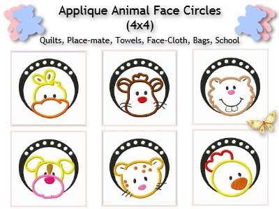 Applique Animal Faces Circles Embroidery Machine Design