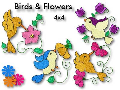 Birds and Flowers 4x4 Embroidery Machine Design