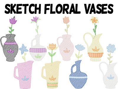 Flower Sketch Vases Embroidery Machine Design