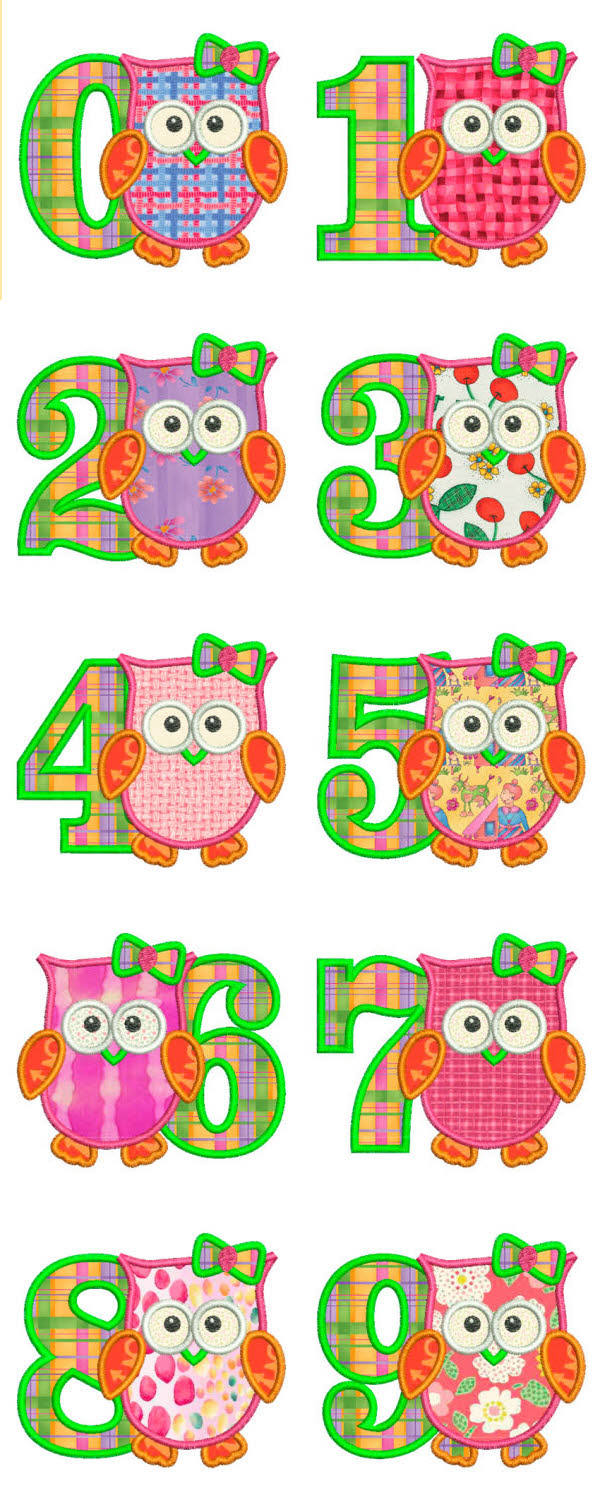 Applique Owl Girls Numbers Embroidery Machine Design Details
