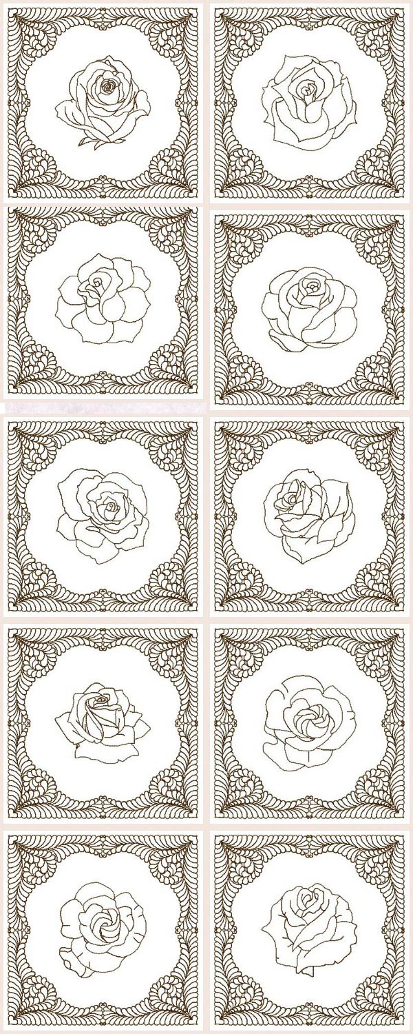 Feather Block Roses Embroidery Machine Design Details
