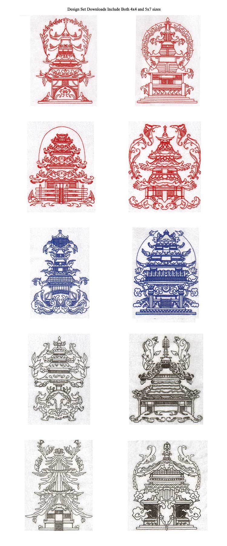 Line Art Oriental Houses Embroidery Machine Design Details