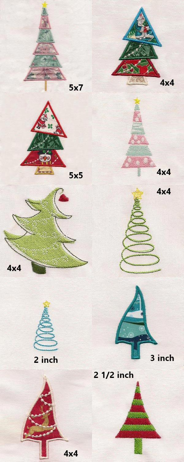 Whimsical Holiday Trees Embroidery Machine Design Details